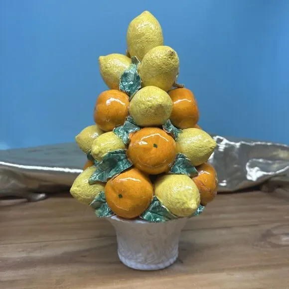 Mid-Century 12” Italian Lemon/Orange Topiary Basket Centerpiece Vintage
